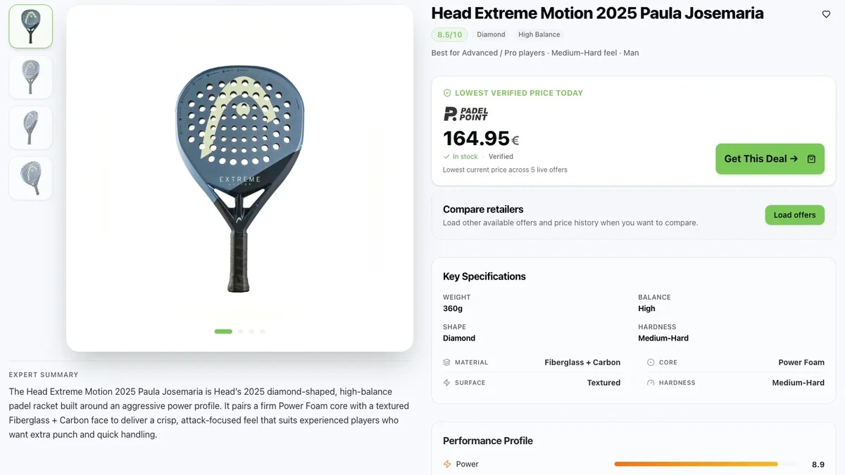 PadelScout racket page showing specifications and retailer offers