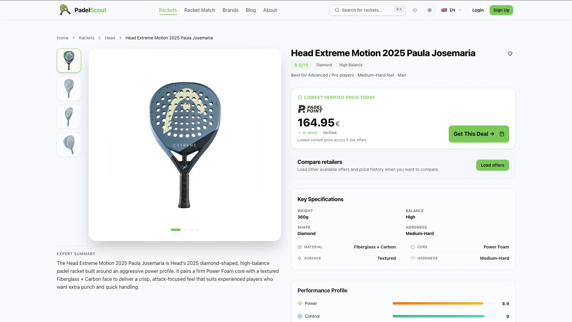 PadelScout racket detail page with specifications and retailer price comparison